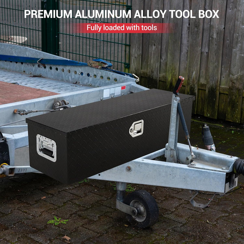 Heavy Duty Aluminum Truck Bed Tool Box 39"x13"x10" – Waterproof Diamond Plate Storage Chest, Lockable with Sliding Shelf & Stainless Handles, Durable Organizer for Pickup, Trailer, RV, Black