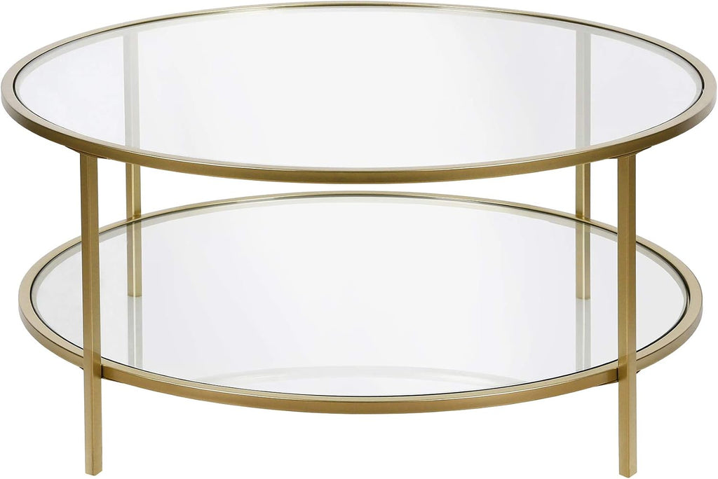 Henn&Hart 36" Wide Round Coffee Table with Glass Top in Brass, Round Coffee Table for living room, studio apartment essentials