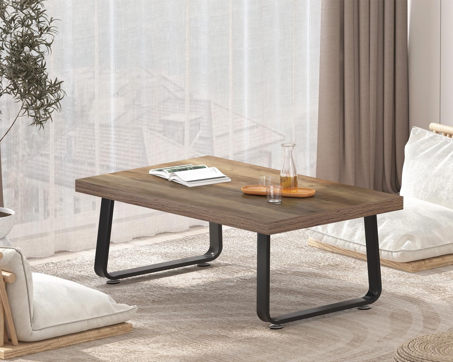 HSH Farmhouse Modern Simple Oak Center Table - Industrial Minimalist Rectangle Living Room Coffee Table, Wood and Metal, Rustic Oak, 39 in