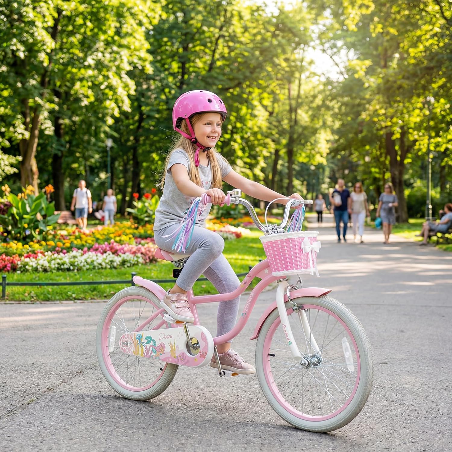 COSTWAY Mermaid Kids Bike, 12/14/16/18/20 Inch Toddler Bike w/Removable Training Wheels, Streamers, Doll Storage Basket, Handbrake & Coaster Brake, Children Kids Bicycle for 3+ Years Old Boys & Girls