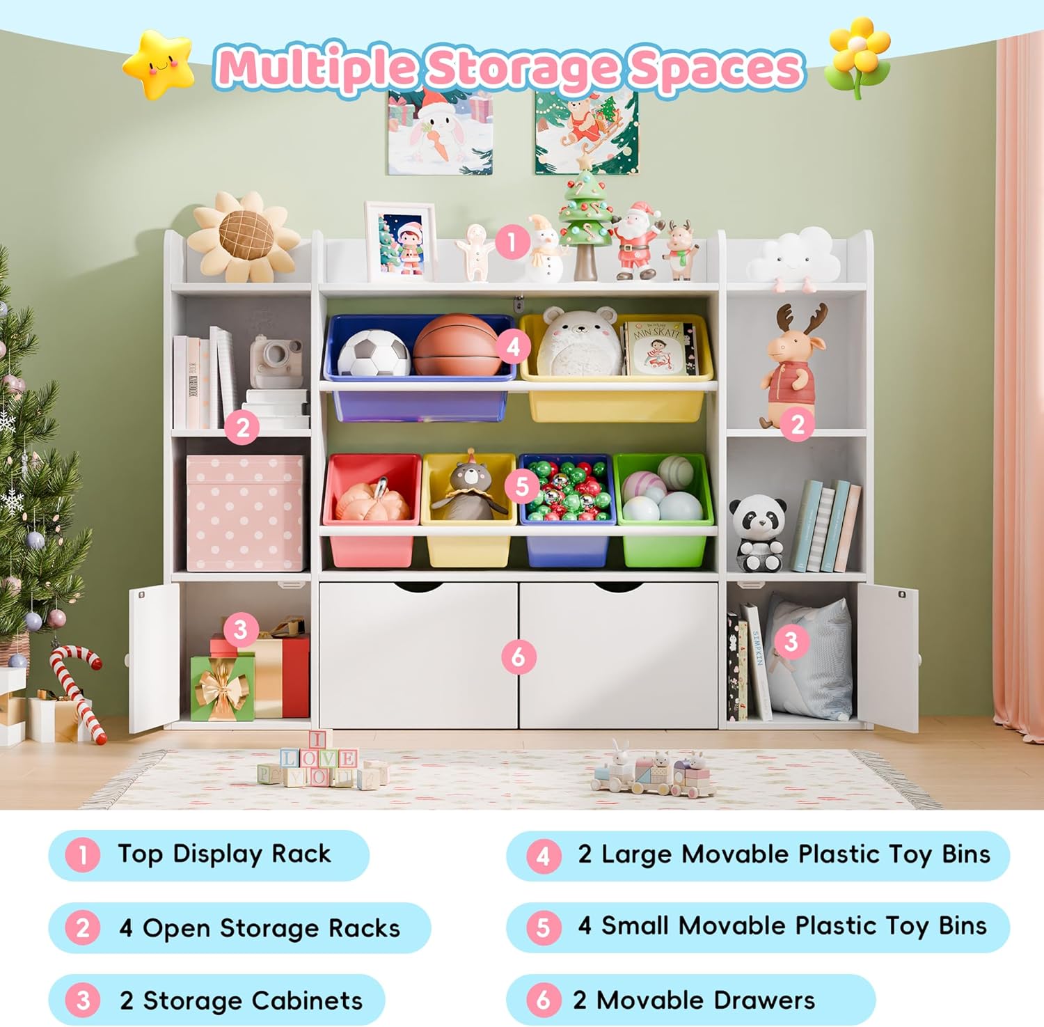 Xilingol Kids Toy Storage Organizer W/6 Removable Toy Bins, 4-Tier Toy Organizers W/6 Storage Cubbies and 2 Movable Drawers, Kid Bookshelf and Toy Storage for Playroom, Bedroom, Kids Room (Multicolor)