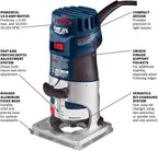 BOSCH PR20EVS Colt 1.0 HP Variable-Speed Palm Router - 5.6 Amp Motor, Soft Start, Constant ResponsCircuitry, Ergonomic Grip, Rugged Aluminum Base, Fixed, Quick-Clamp System, 1/4" Collet