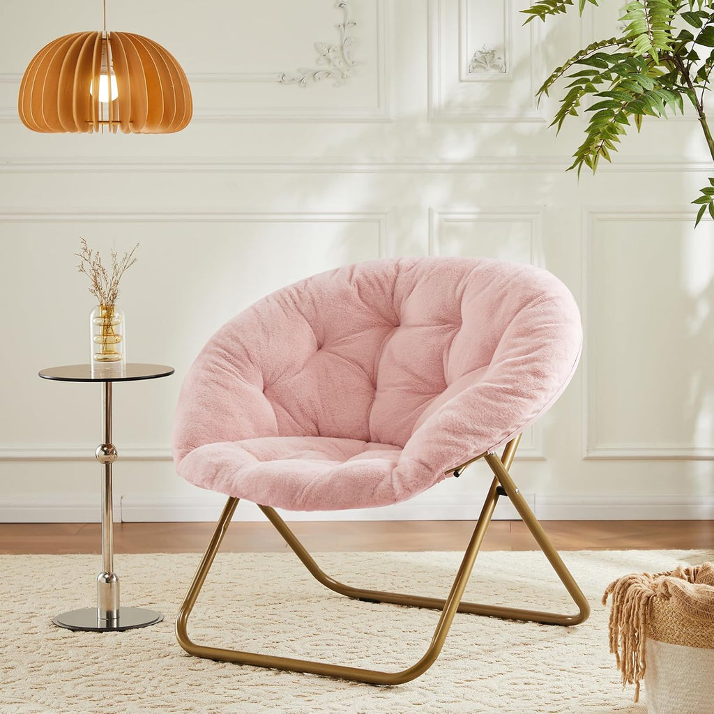 DUMOS Comfy Saucer Chair,Faux Fur Lounge Seasting XL Circle Chair for Bedroom, Dorm & Gaming, Foldable Fashion Accent Seat for Small Spaces, Folding Moon/Mushroom/Round Oversized Style,Hot Pink