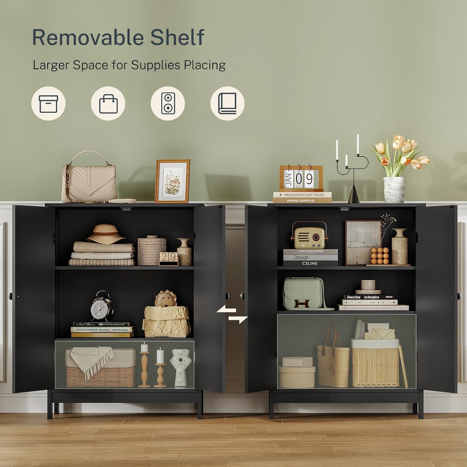 Iwell Bathroom Cabinet, Bathroom Storage Cabinet with 2 Doors & 3 Shelves, 3 Heights Available, for Living Room, Entryway, Kitchen, Home Office, Black