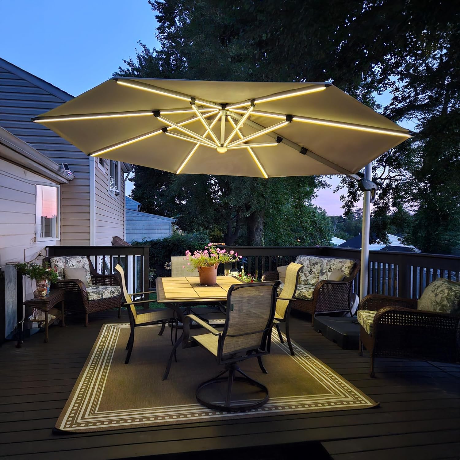 PURPLE LEAF 11ft Solar powered LED Patio Umbrella Outdoor Round Umbrellas Large Cantilever Umbrella with LED lights Windproof Offset Umbrellas Heavy Duty for Garden Deck Pool Patio, Beige