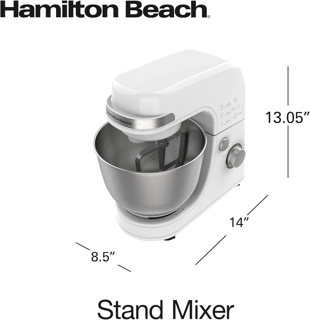 Hamilton Beach Electric Stand Mixer, 4 Quarts, Dough Hook, Flat Beater Attachments, Splash Guard 7 Speeds with Whisk, White