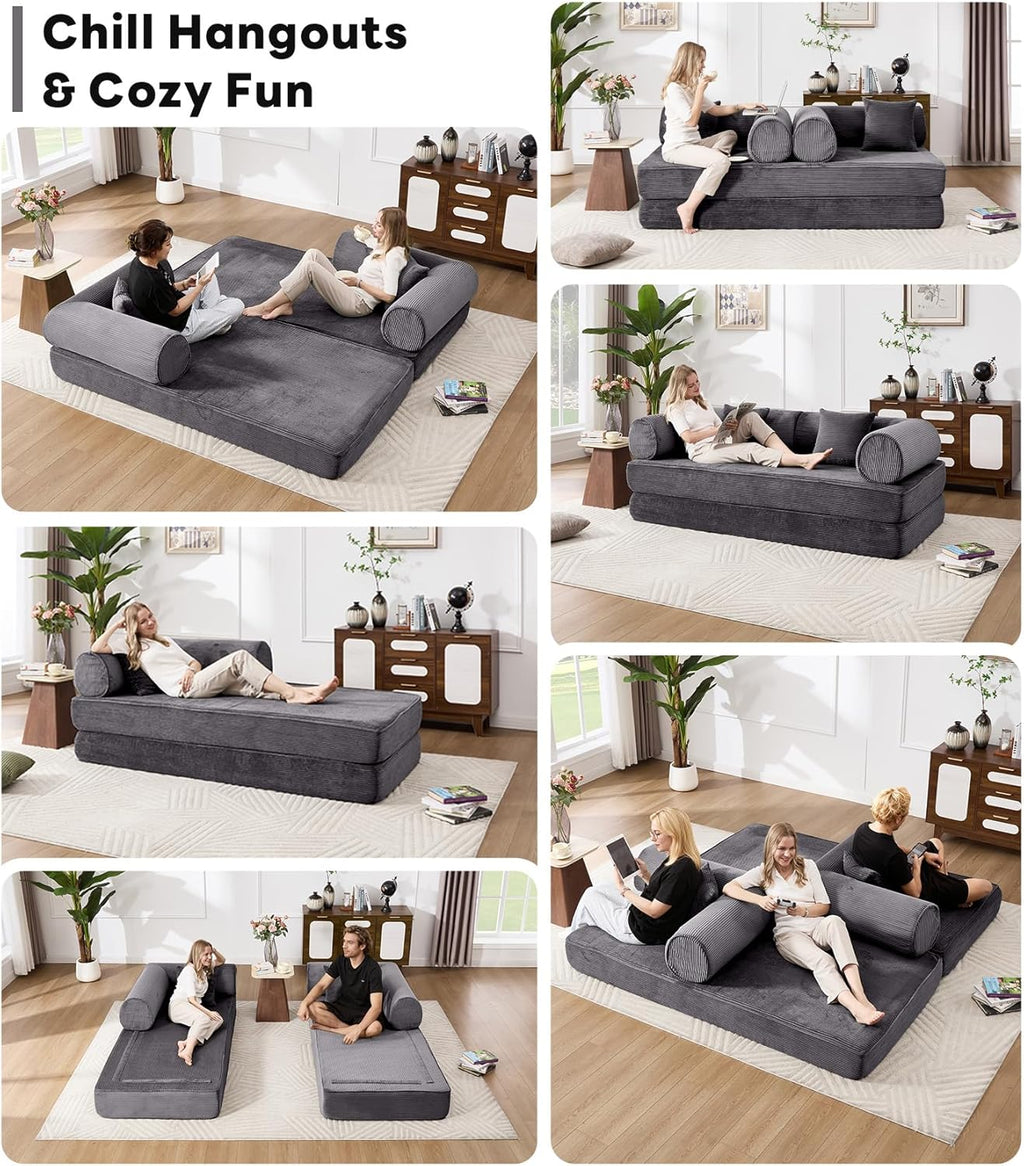 Tbfit Boneless Sofa Bed, Corduroy Compress Couch with Wide Armrests & 2 Pillows, Deep Seat Couches for Living Room, Gray