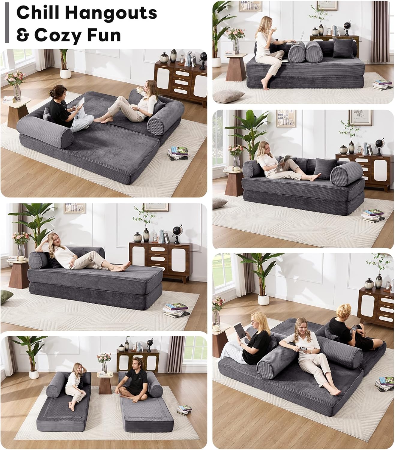 Tbfit Boneless Sofa Bed, Corduroy Compress Couch with Wide Armrests & 2 Pillows, Deep Seat Couches for Living Room, Gray