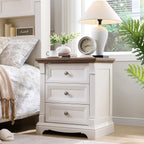 T4TREAM Farmhouse Nightstand Set of 2, 23.6" End Table with 3 Drawers Storage, Wood Side Table w/Roman Column, End Tables Living Room Set of 2, Bedside Cabinet for Bedroom, Living Room, Antique White