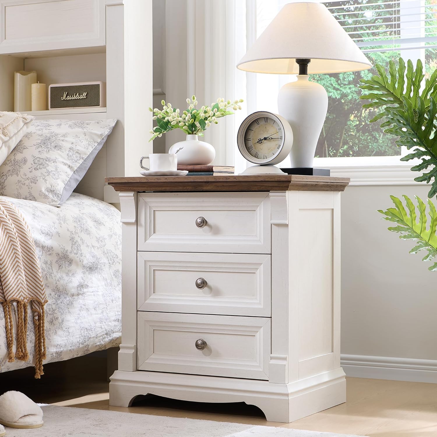 T4TREAM Farmhouse Nightstand Set of 2, 23.6" End Table with 3 Drawers Storage, Wood Side Table w/Roman Column, End Tables Living Room Set of 2, Bedside Cabinet for Bedroom, Living Room, Antique White