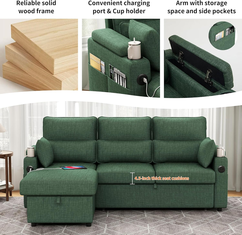 Sectional Sleeper Sofa with Pull Out Couch Bed, with Storage Chaise for Living Room, Comfy Linen Modular Sectional Sofa with Dual USB & Type-C, Cup Holders (Green, 81 Inches)