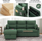 Sectional Sleeper Sofa with Pull Out Couch Bed, with Storage Chaise for Living Room, Comfy Linen Modular Sectional Sofa with Dual USB & Type-C, Cup Holders (Green, 81 Inches)