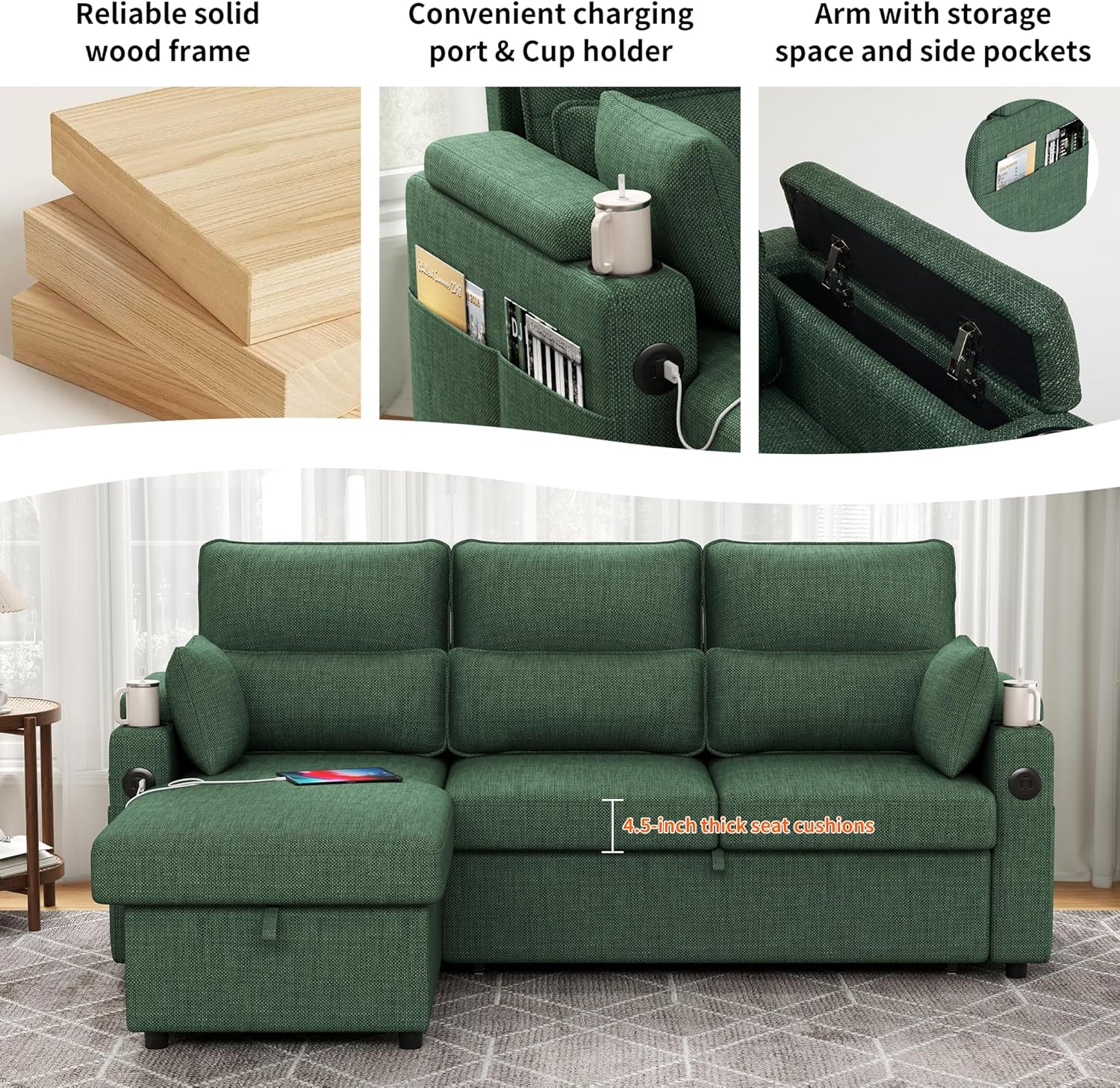 Sectional Sleeper Sofa with Pull Out Couch Bed, with Storage Chaise for Living Room, Comfy Linen Modular Sectional Sofa with Dual USB & Type-C, Cup Holders (Green, 81 Inches)