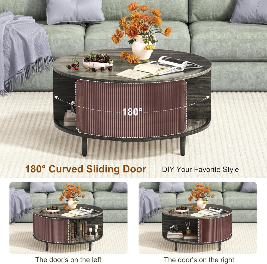 Round Coffee Table, 31.5" Fluted Center Table with Storage, Lift-Top Coffee Table with Adjustable Footpads, Sliding Door, Mid-Century Modern Center Table for Living Room, Small Space (Grey)