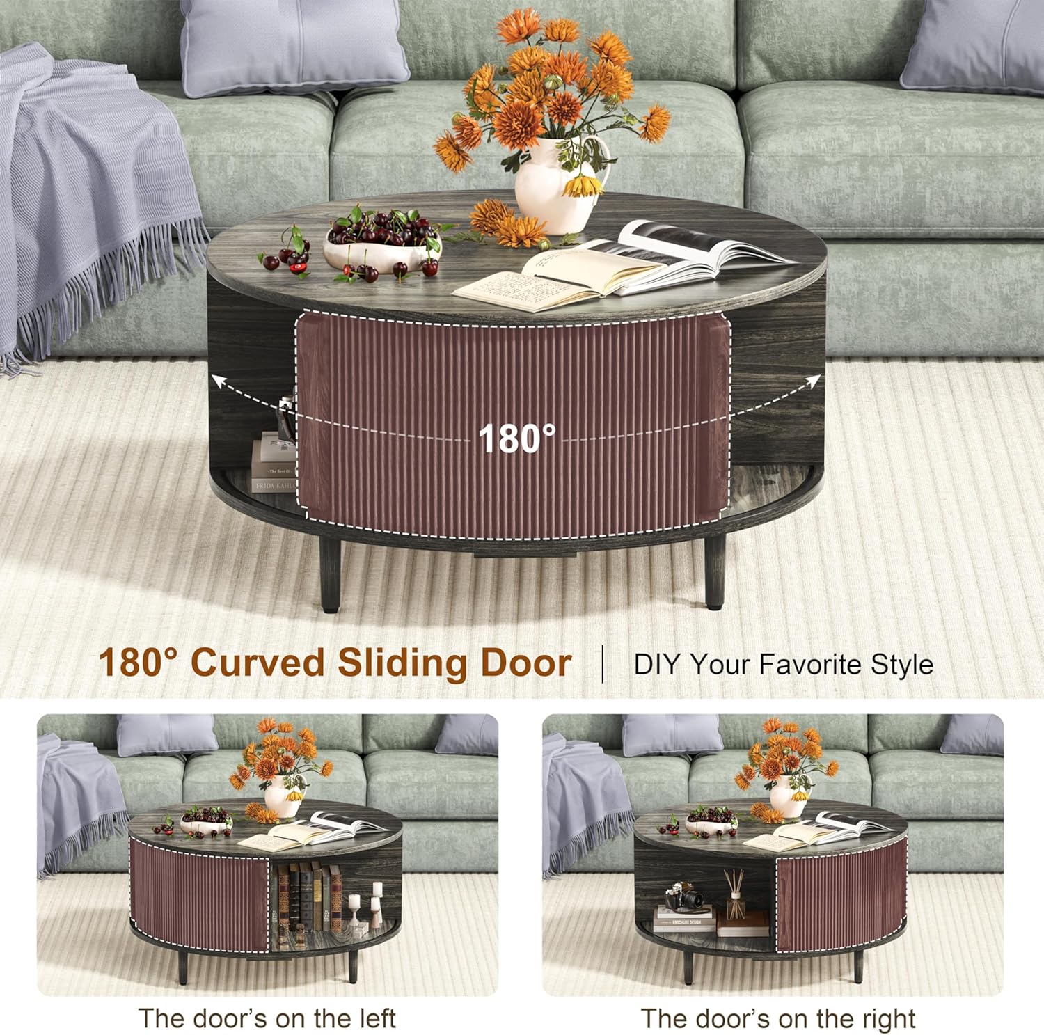 Round Coffee Table, 31.5" Fluted Center Table with Storage, Lift-Top Coffee Table with Adjustable Footpads, Sliding Door, Mid-Century Modern Center Table for Living Room, Small Space (Grey)