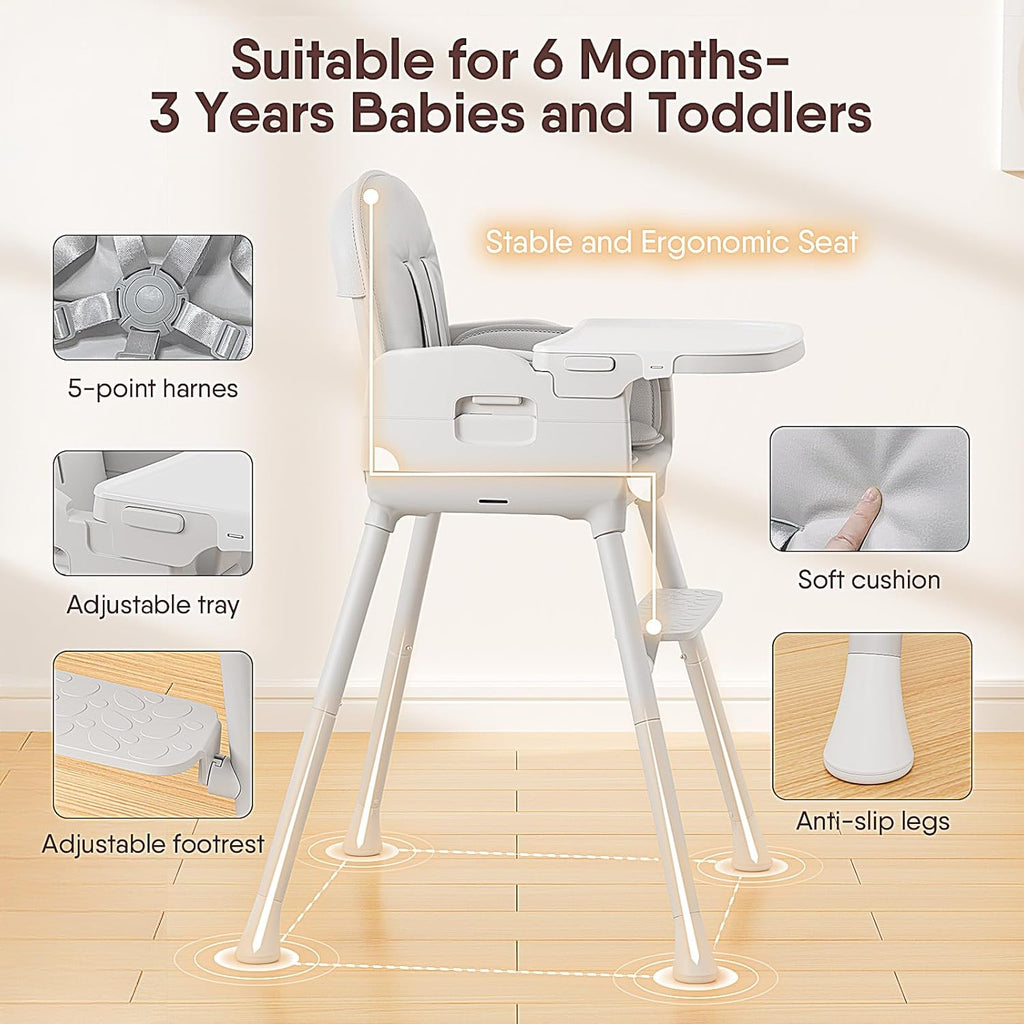Obee Odee 3-in-1 Portable Baby High Chair for Babies and Toddlers, Convertible Easy Clean Infant Foldable Highchair with Adjustable Legs & Dishwasher Safe Tray, Grey