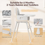 Obee Odee 3-in-1 Portable Baby High Chair for Babies and Toddlers, Convertible Easy Clean Infant Foldable Highchair with Adjustable Legs & Dishwasher Safe Tray, Grey