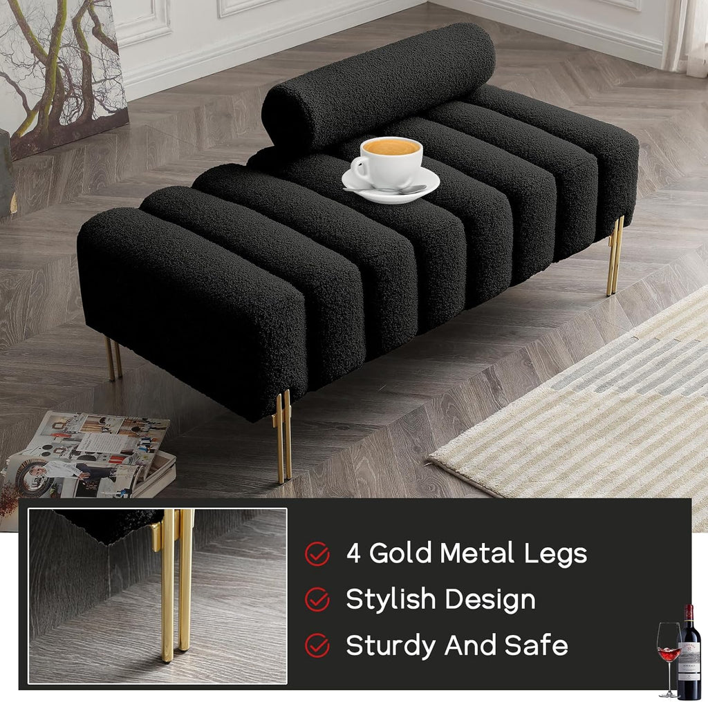 NIOIIKIT 53.2" Modern Loveseat Sofa Couch, Upholstered Accent Sofa with Golden Legs and Adjustable Backrest, Small Teddy Fleece Couches for Bedroom, Living Room, Compact Small Space (Black Teddy)