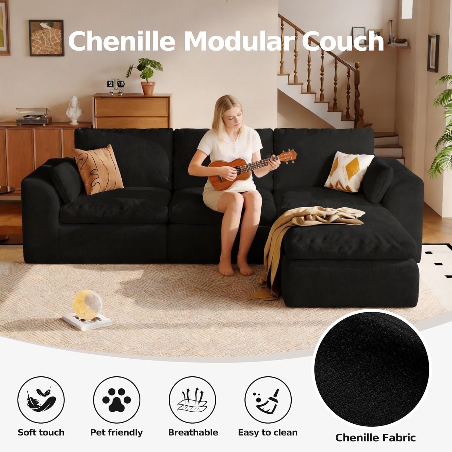 108'' Boneless Cloud couches for Livingroom,Sectional L-Shape Couch with Ottoman,3 Seater Convertible Modular Soft Sofa,White (Black)