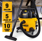 DEWALT 9 Gallon Wet/Dry VAC, Heavy-Duty Shop Vacuum with Attachments, 5 Peak HP, with Blower Function, DXV09PA
