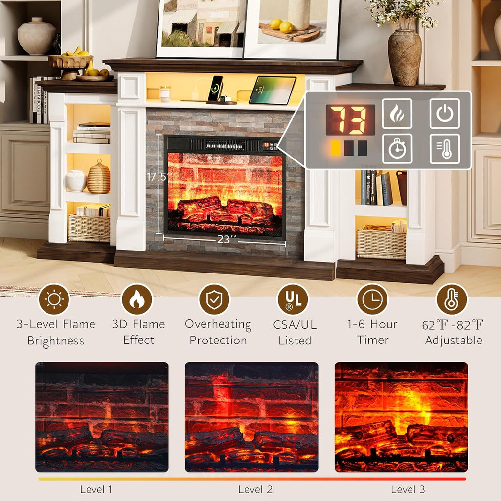 72'' Fireplace TV Stand with Outlet & LED, Electric Fireplace with Mantel, Entertainment Center with Storage for TVs Up to 80 Inch, 23'' Fireplace Heater Insert with 3D Flame Effect for Living Room