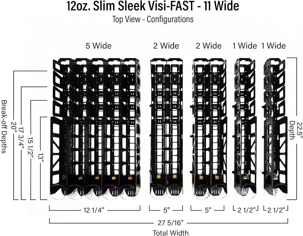 Display Technologies Drink Organizer for Fridge, Visi-Fast Spring-Loaded Beverage Glides for 12oz slim, 11-Wide, 24" D, 6-Pack