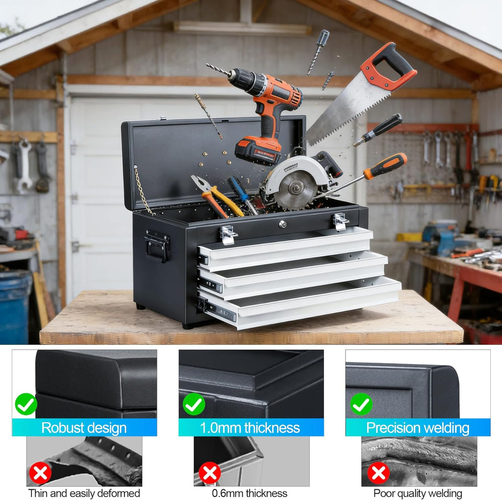 3 Drawers 22" Portable Metal Tool Box, Heavy Duty Toolbox with Double Locking System & Unique Built-in Drawer Lock, Tool Chest Organizer for Workshop, Garage, DIY Office Storage