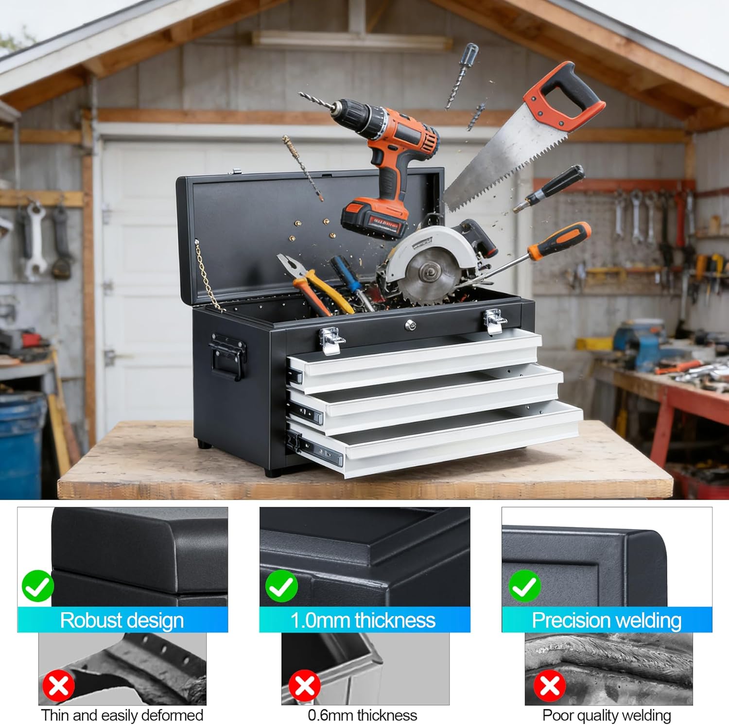 3 Drawers 22" Portable Metal Tool Box, Heavy Duty Toolbox with Double Locking System & Unique Built-in Drawer Lock, Tool Chest Organizer for Workshop, Garage, DIY Office Storage