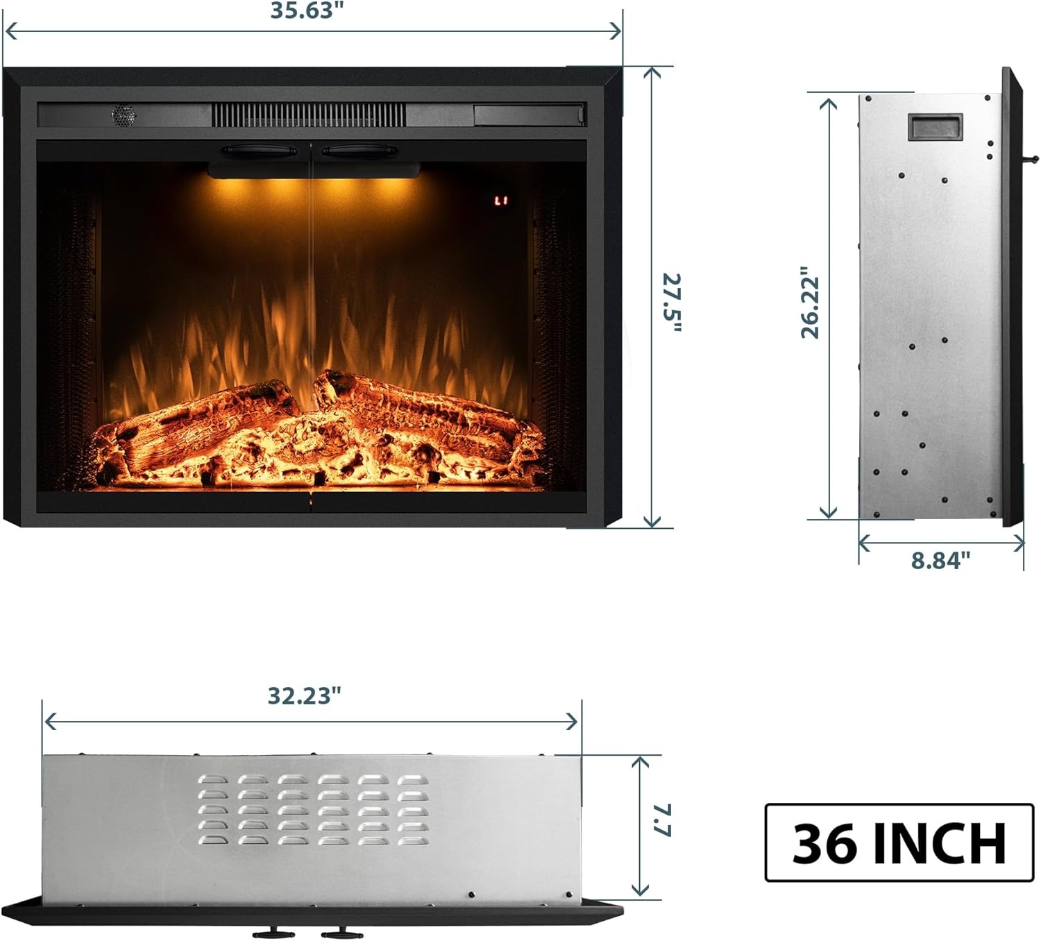 Benrocks 36” Electric Fireplace Inserts with Glass Door and Mesh Screen, Multicolor Flames & Fire Crackling Sounds, Timer, Overheating Protection Fireplace Heater, 750/1500W