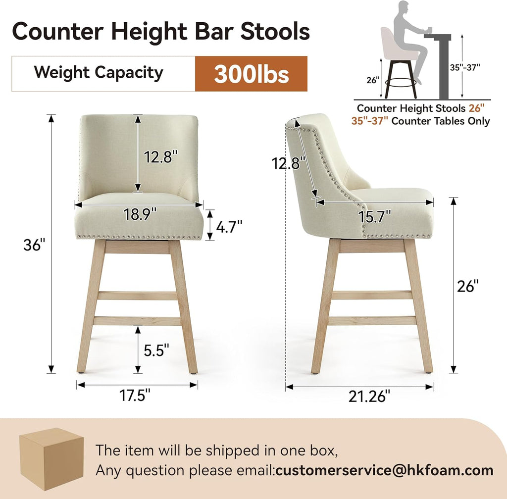 Counter Height Swivel Bar Stools Set of 2, Modern Linen Fabric Swivel Barstools with Back and Wood Legs, Upholstered 26" Seat Height Counter Stools for Kitchen Island, Home Bar, Beige