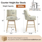 Counter Height Swivel Bar Stools Set of 2, Modern Linen Fabric Swivel Barstools with Back and Wood Legs, Upholstered 26" Seat Height Counter Stools for Kitchen Island, Home Bar, Beige