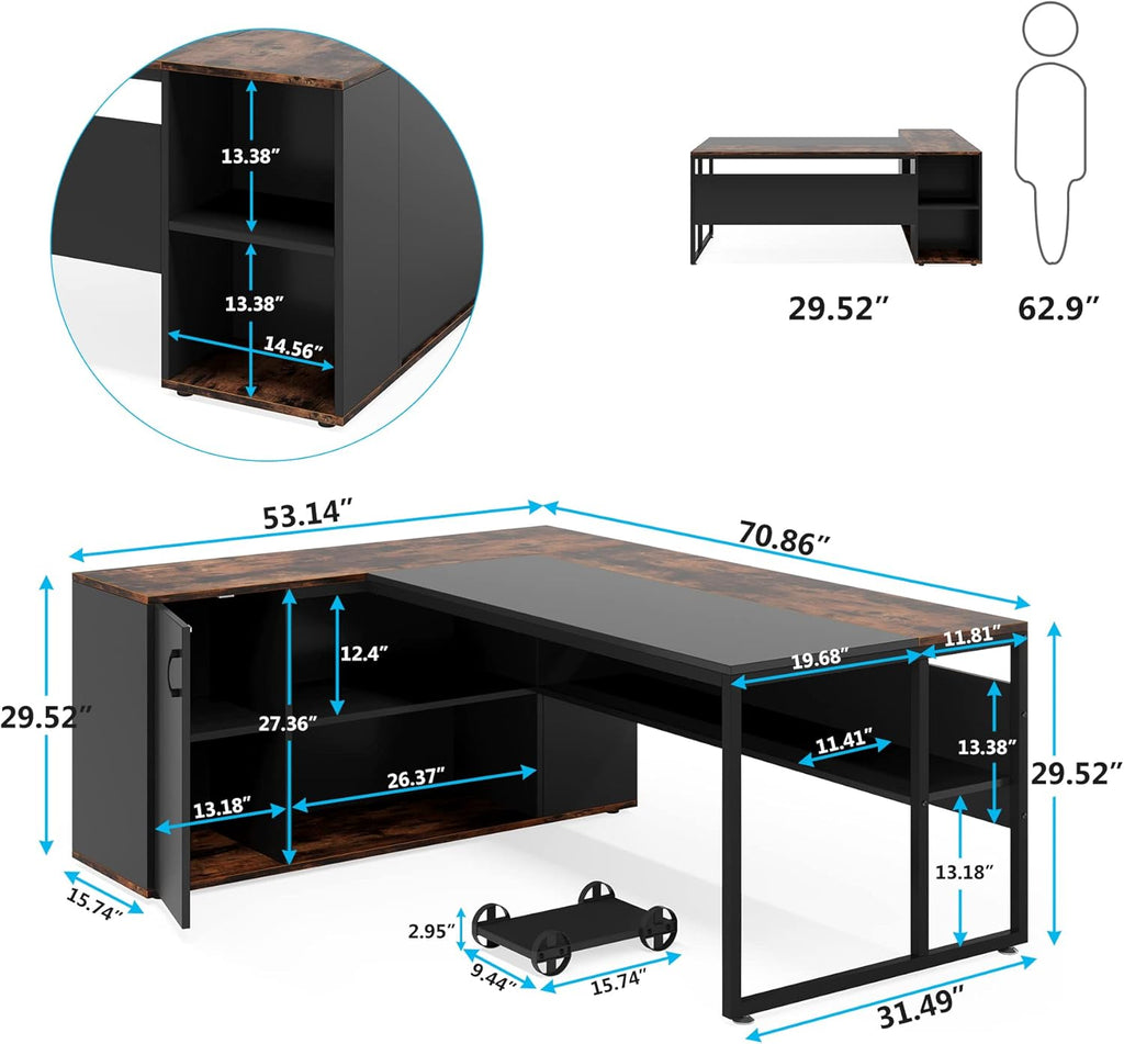 Tribesigns 71 inch Executive Desk, L Shaped Desk with Cabinet Storage, Executive Office Desk with Shelves, Business Furniture Workstation for Home Office, Brown and Black