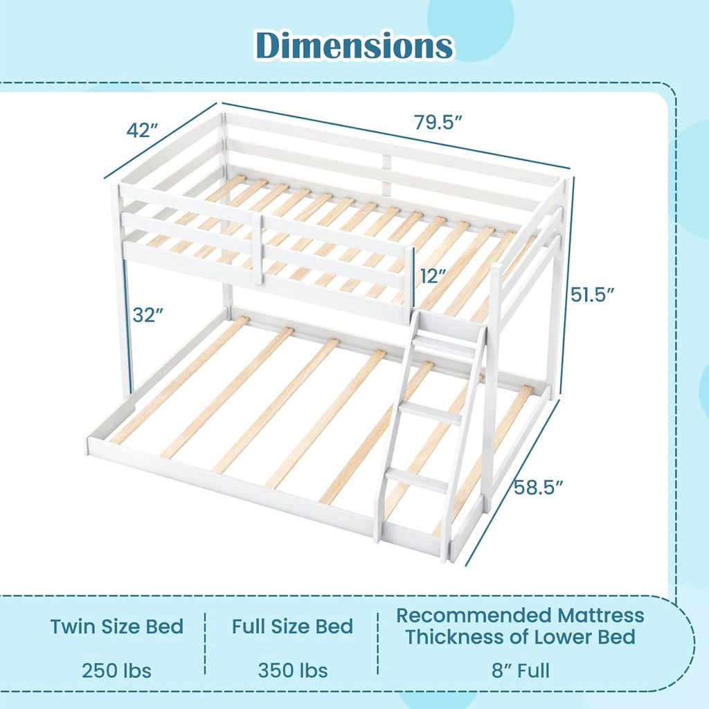 Giantex Twin Over Full Bunk Bed, Solid Wood Kids Bunk Bed with Full-Length Guardrails & Ladder, Low Bunk Beds with Slats Support for Kids, Teens, No Box Spring Needed, White