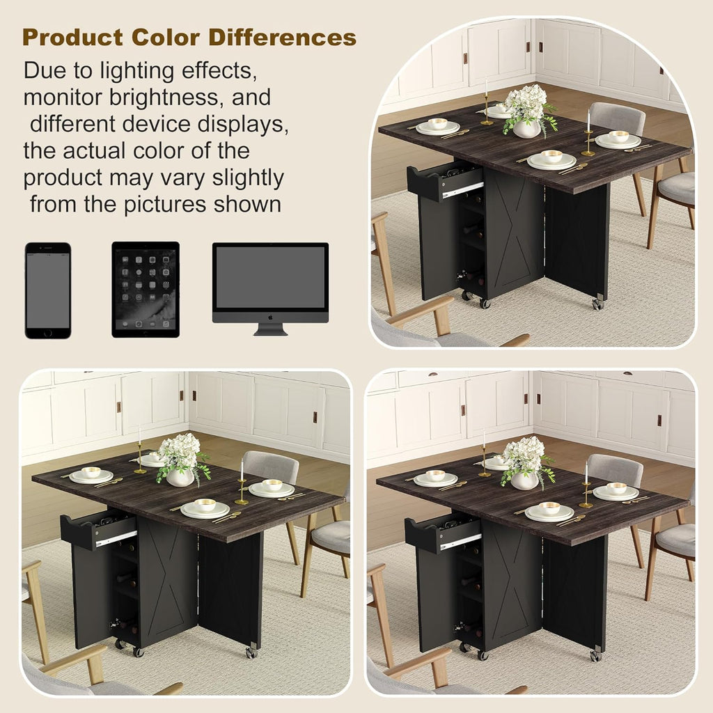 Space Saving Folding Dining Table with 2 Tier Storage-Extendable Drop Leaf Farmhouse Wood Kitchen Dining Room Tables Set for 4, Folding Kitchen Table with 6 Wheels, (Chestnut and Brown)