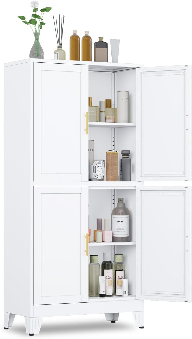 GAIOUS 47.25" Metal Pantry Cabinet, Storage Cabinets with 4 Door and 2 Adjustable Shelves, White Bathroom Cabinet, Freestanding Cupboard for Kitchen Dining Living Room Bathroom