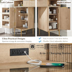 T4TREAM 48" Fluted Makeup Vanity Desk with HD Triple Mirror and Lights, Large Lighted Corner Vanity with Glass Top, Modern Dressing Table with 3 Drawers & 2 Cabinets for Bedroom, Natural Oak