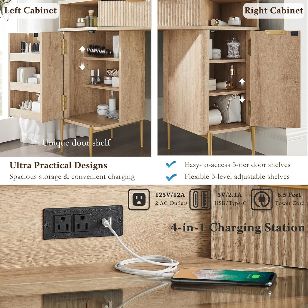 T4TREAM 48" Fluted Makeup Vanity Desk with HD Triple Mirror and Lights, Large Lighted Corner Vanity with Glass Top, Modern Dressing Table with 3 Drawers & 2 Cabinets for Bedroom, Natural Oak
