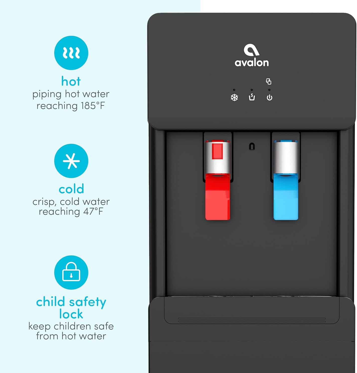 Avalon A6BLWTRCLRBLK Touchless Bottom Loading Cooler Dispenser-Hot & Cold Water, Child Safety Lock, Innovative Slim Design, Holds 3 or 5 Gallon Bottles-UL-Black