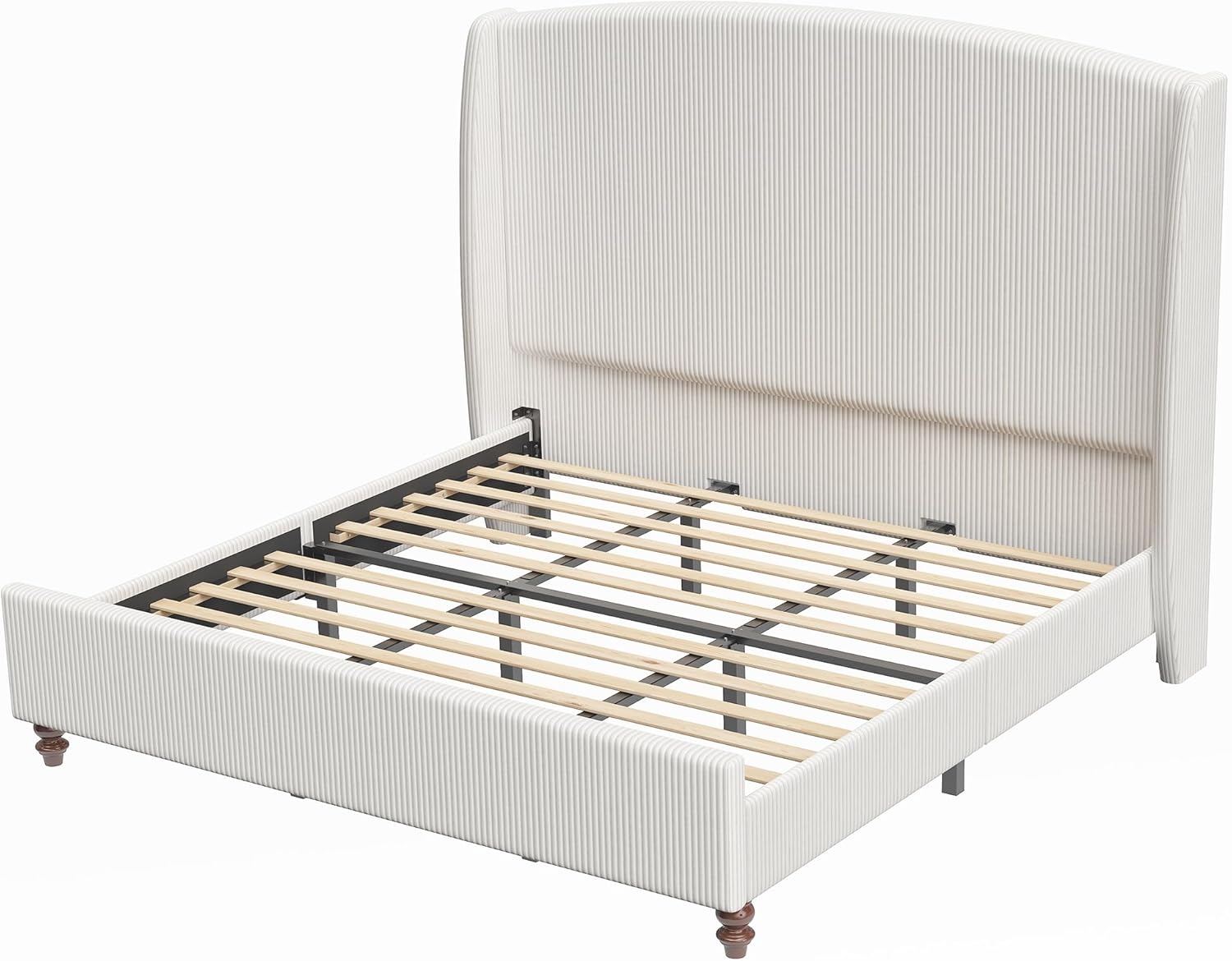 King Size Upholstered Bed Frame with 65.7" Tall Headboard Wingback, Soft Washable Corduroy Beds Cover, Solid Wood Legs, Noise-Free, No Box Spring Needed, Cream