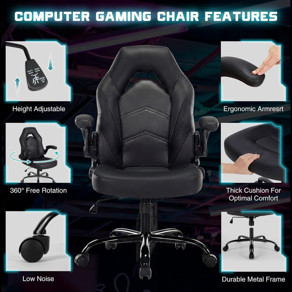 Sweetcrispy Computer Gaming Desk Chair - Big Tall Ergonomic Lumbar Support with Flip-up Armrest and 360° Swivel Wheels, PU Leather Height Adjustable, for Home and Office, Black