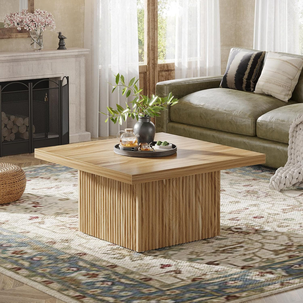 Tribesigns Square Coffee Table, 31.5-Inch Fluted Coffee Table, Mid-Century Modern Living Room Table, Large Cocktail Table for Living Room, Easy Assembly, Oak
