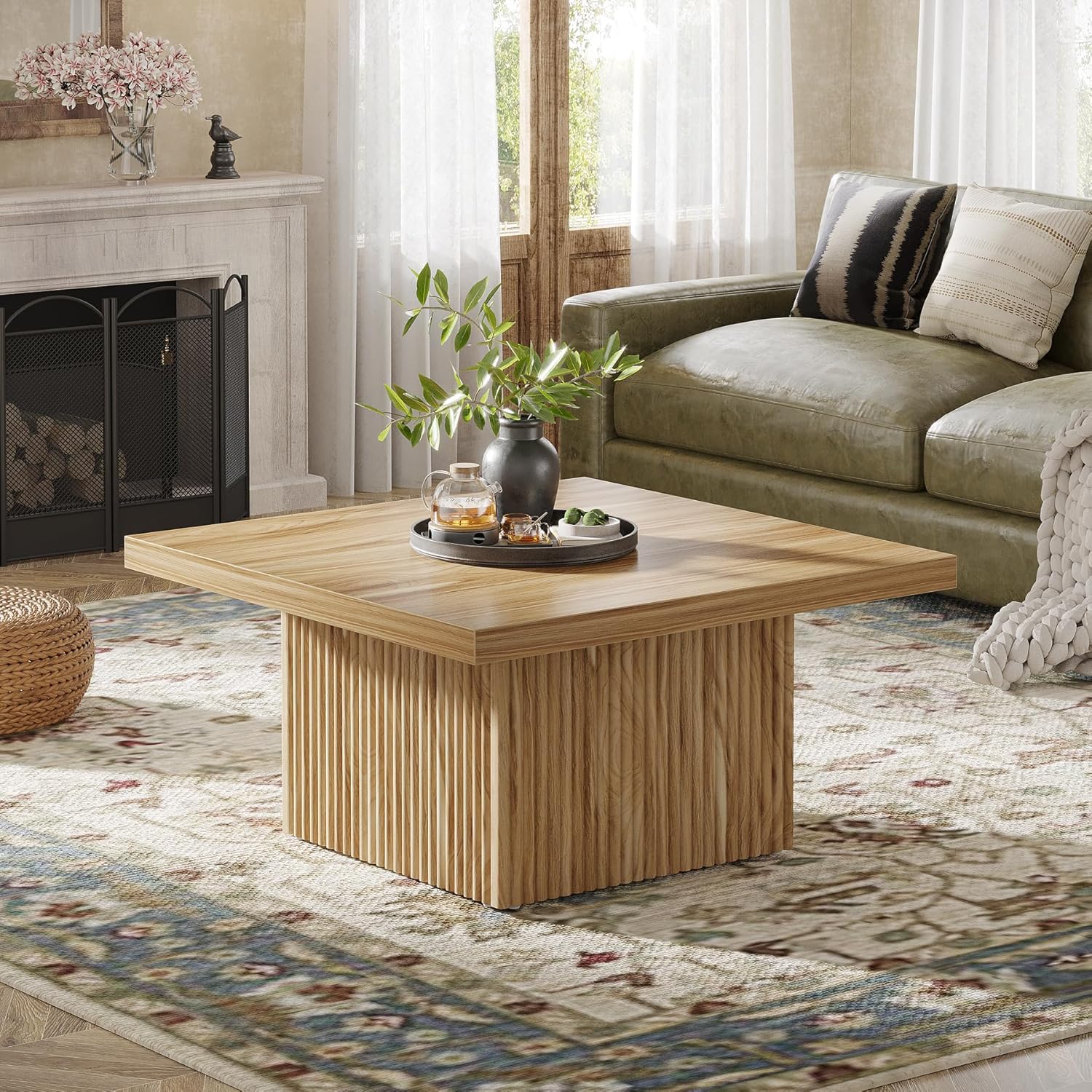 Tribesigns Square Coffee Table, 31.5-Inch Fluted Coffee Table, Mid-Century Modern Living Room Table, Large Cocktail Table for Living Room, Easy Assembly, Oak