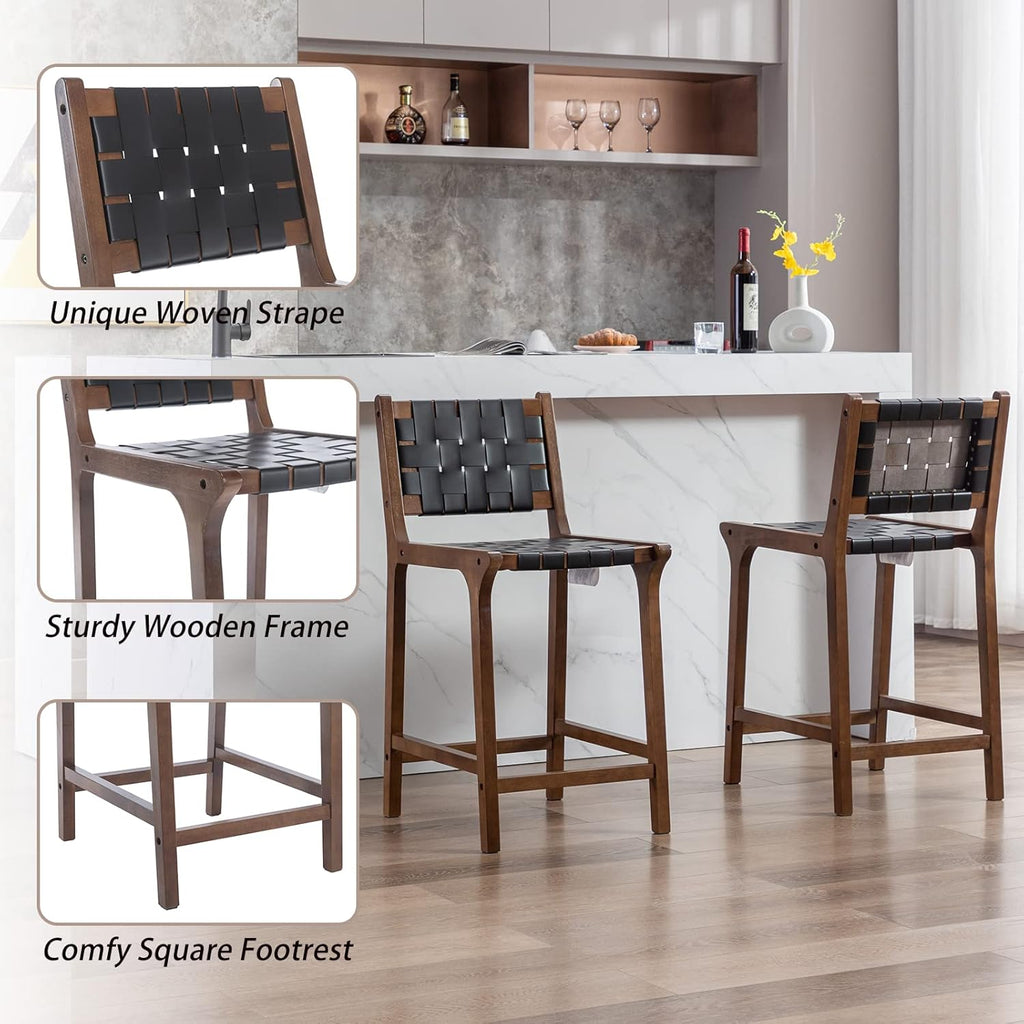 Counter Stools Set of 2 Modern 23.5" Counter Height Barstool with PU Leather Woven Strap Seat & Open Back Walnut Wood Color Chairs with Footrest for Home Bar/Dining Room/Kitchen Island, Black