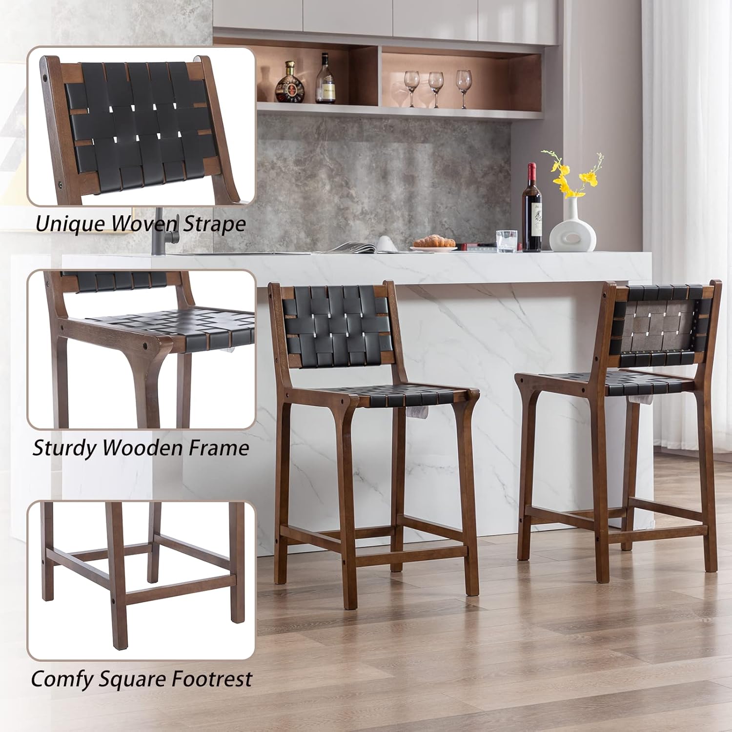 Counter Stools Set of 2 Modern 23.5" Counter Height Barstool with PU Leather Woven Strap Seat & Open Back Walnut Wood Color Chairs with Footrest for Home Bar/Dining Room/Kitchen Island, Black