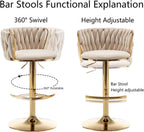 Gold Velvet Bar Stools Set of 3, Swivel Counter Height Bar Stools with Back, Adjustable Woven Barstools for Kitchen Island, Pub, Club (Beige)