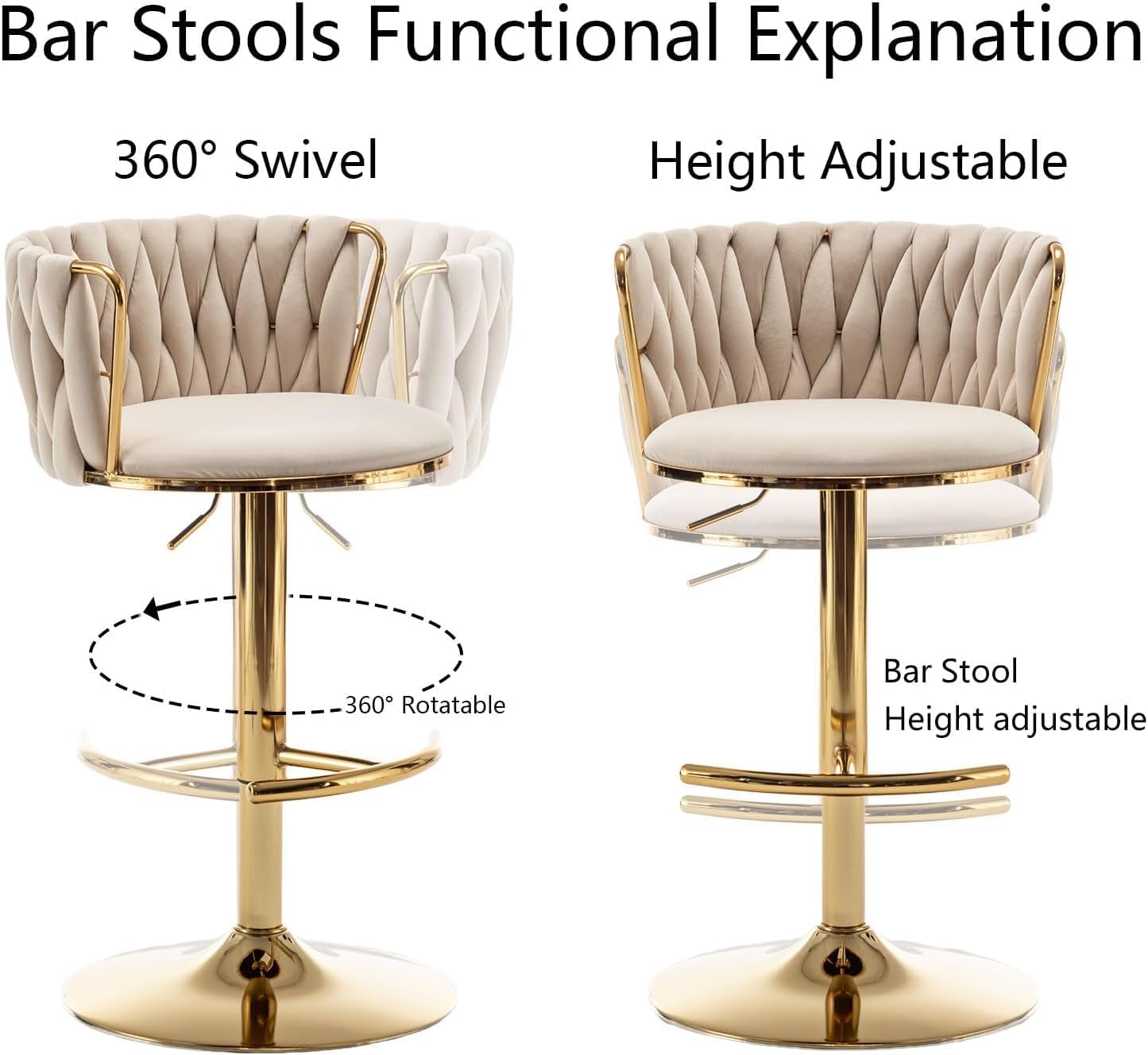 Gold Velvet Bar Stools Set of 3, Swivel Counter Height Bar Stools with Back, Adjustable Woven Barstools for Kitchen Island, Pub, Club (Beige)