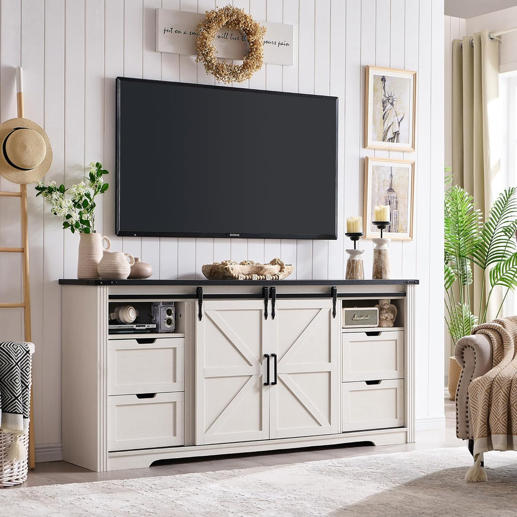 JXQTLINGMU Farmhouse Fireplace TV Stand for 80 Inch TV, 32" Tall Entertainment Center w/Drawer & Sliding Barn Door, 70 Inch Highboy Media Console for Living Room, Off White