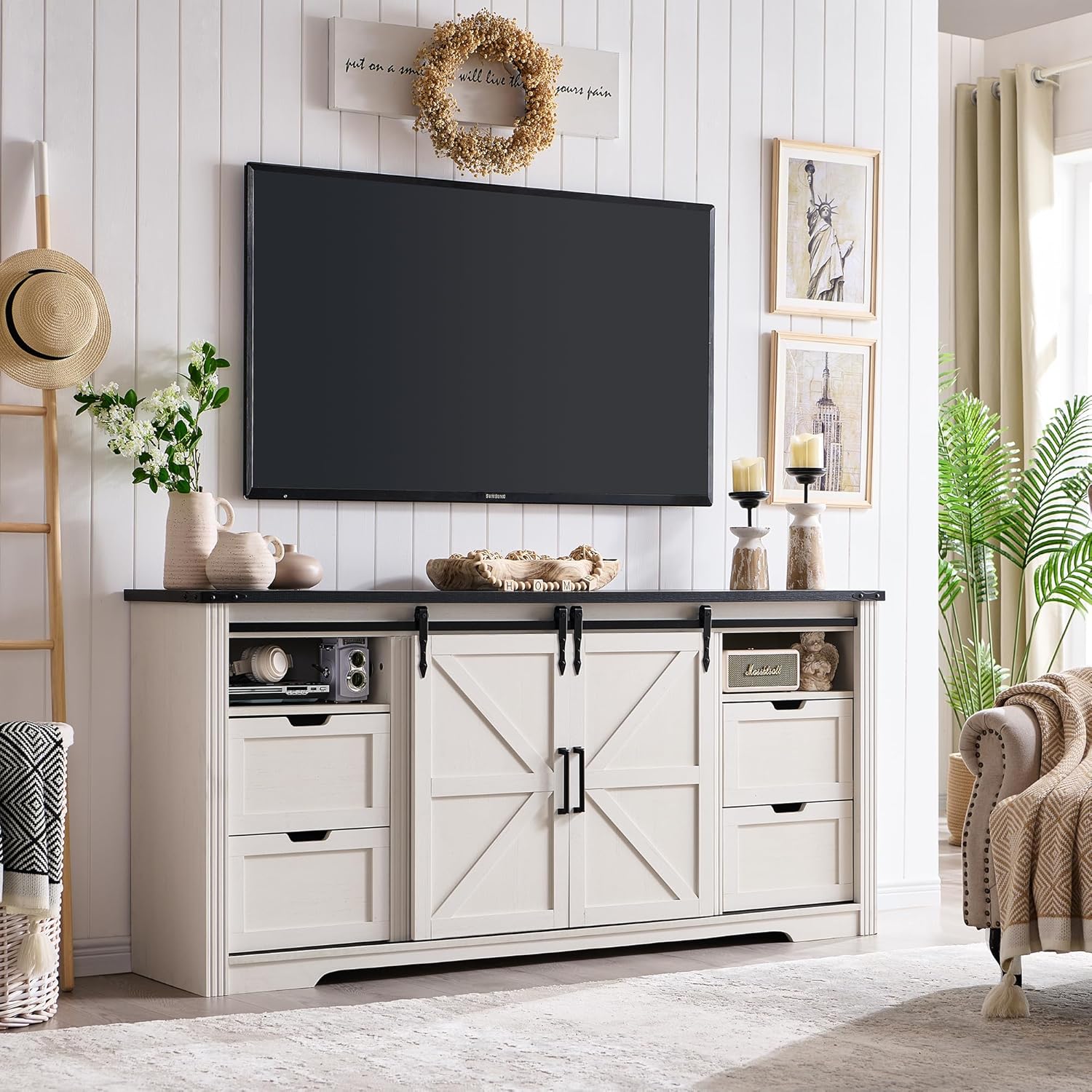 JXQTLINGMU Farmhouse Fireplace TV Stand for 75,80 Inch TV, 32" Tall Entertainment Center w/4 Drawers & Sliding Barn Door, 70-Inch Highboy Media Console for Living Room, Off White