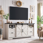 LINGMU Farmhouse TV Stand for 75 80 Inch TV, 32" Tall Entertainment Center w/4 Drawers & Sliding Barn Door, Rustic Media Console w/Storage Shelves, 66" Wood Television Stand for Living Room, Off White
