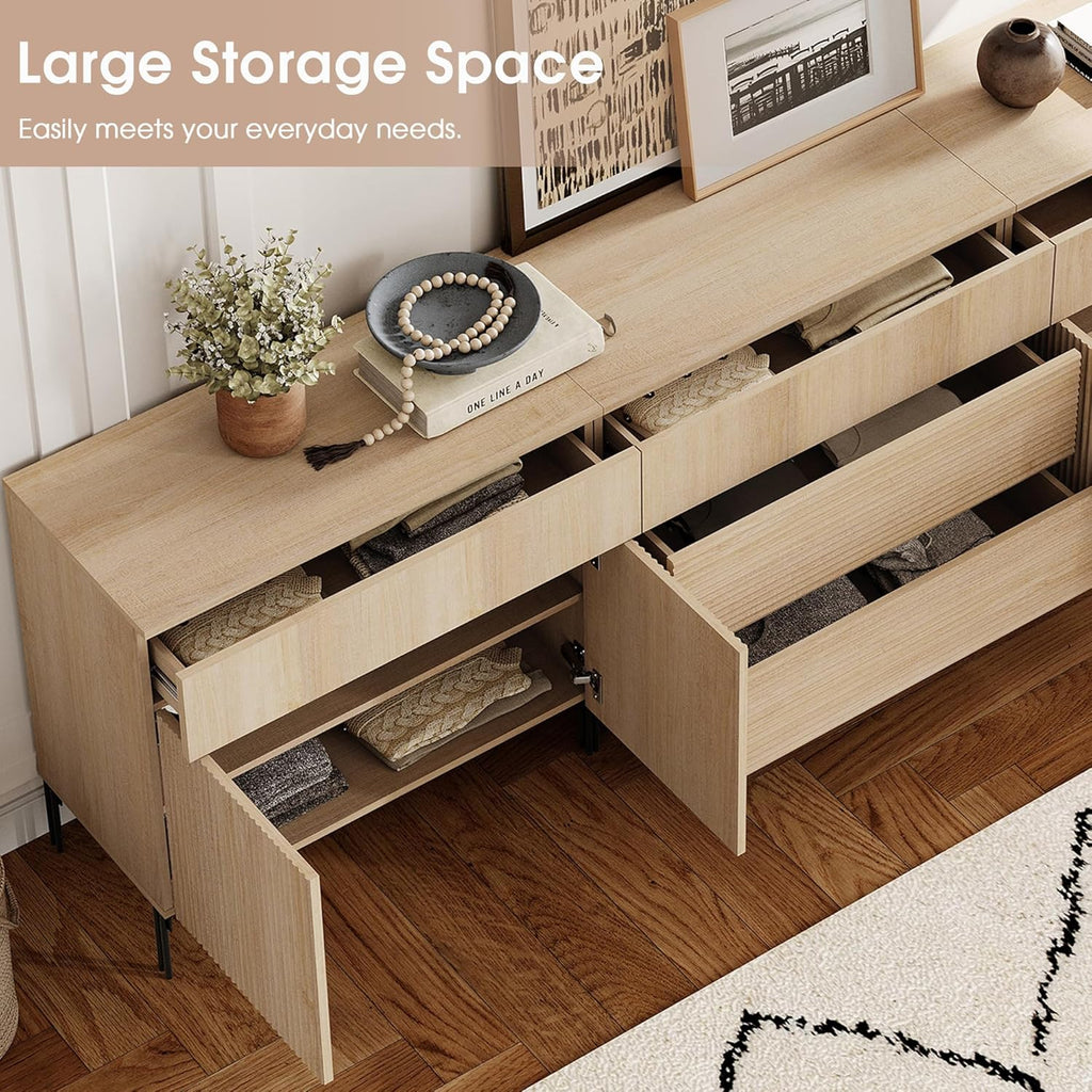 WAMPAT Fluted TV Stand for TVs up to 100 inchs, 3 in 1 Modern Entertainment Center with Storage Cabinets and 5 Drawers & 4 Doors, Wood Media TV Console Table with Storage for Living Room, Beige